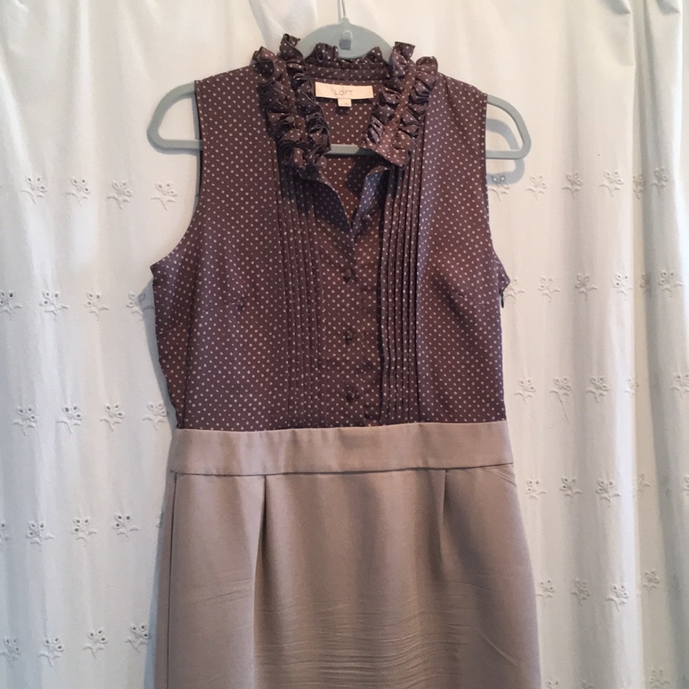 dress grey with polka dot top and khaki bottom